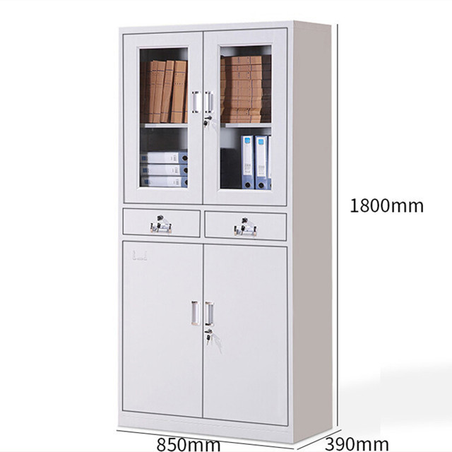 Modern white metal cupboard 2 swing glass door/2 drawer file filing storage cabinet with black plastic handle