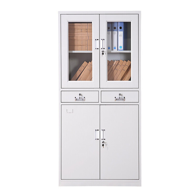 Modern white metal cupboard 2 swing glass door/2 drawer file filing storage cabinet with black plastic handle