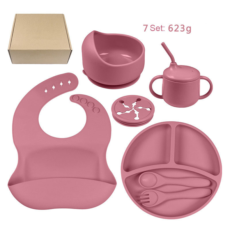 BPA Free Custom Logo Cheap 5PCS 7PCS Kids Silicone Plate Baby Plates Bowl Bottle Gift Sets Silicone Baby Feeding Sets