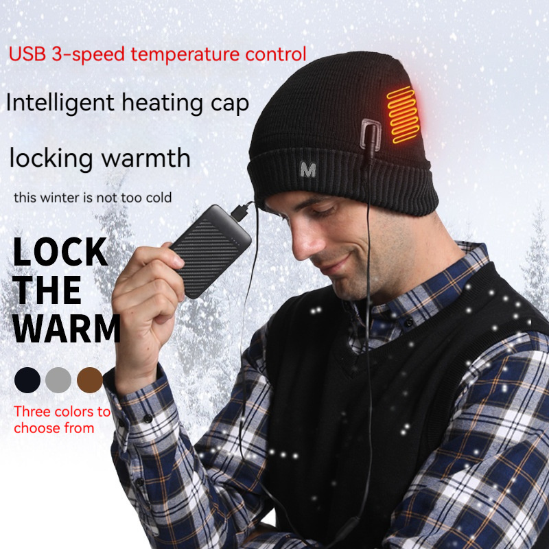 Smart usb charging heating hat men's winter warm wool outdoor cold protection hat women's knitted cuff electric heating hat