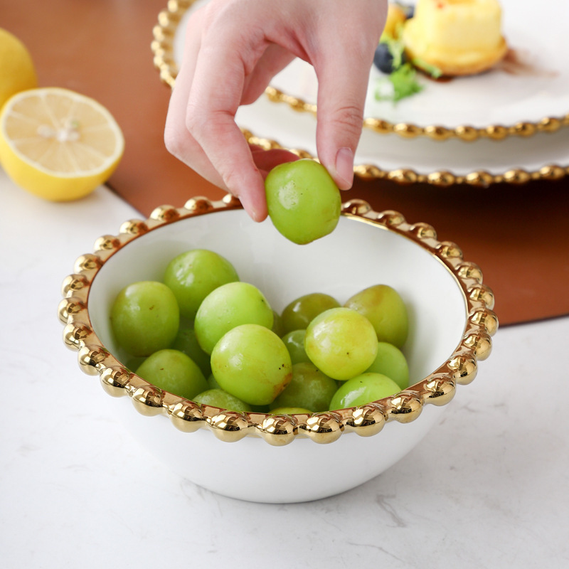 Modern Luxury Golden Edge Pearl Ceramic Tableware Home Western Dish Fruit Salad Bowl Ceramic Dinnerware