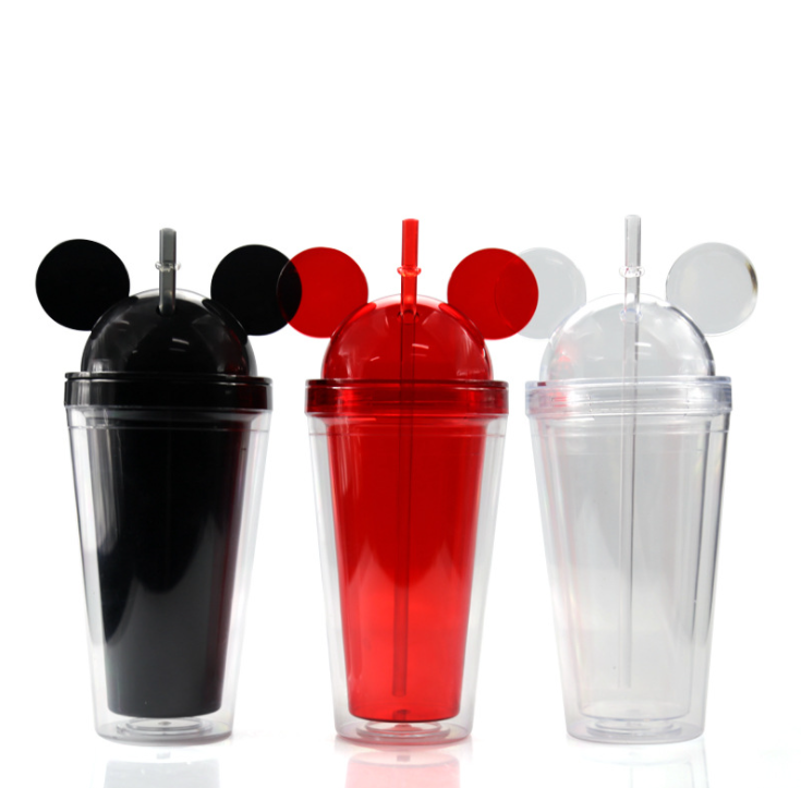 Wholesale Double Walled Acrylic Clear 16oz Mini Mickey Minnie Mouse Head Ear Tumbler Cup with Dome Lid