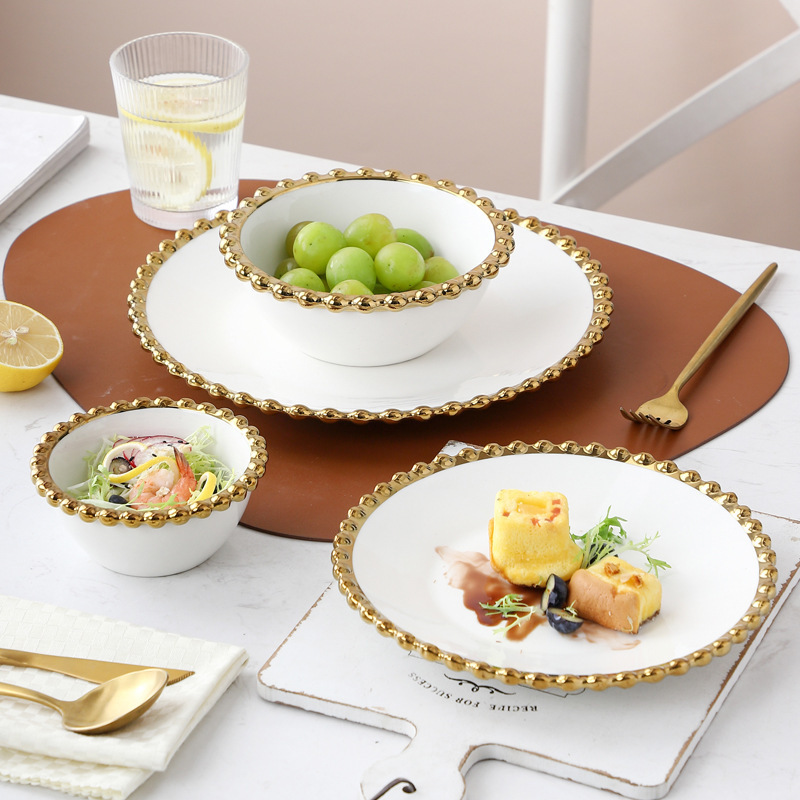 Modern Luxury Golden Edge Pearl Ceramic Tableware Home Western Dish Fruit Salad Bowl Ceramic Dinnerware