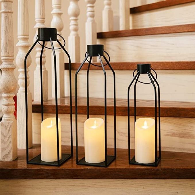 19.5''17''14.5'' Lanterns Decorative w/ Flickering LED Candles Tall Large metal candle holders lanterns and candle jars Set of 3