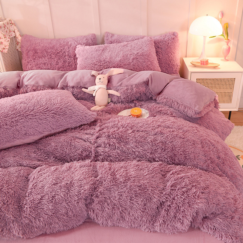 4pcs thick flannel fleece velvet duvet cover soft purple  queen king size winter bedding set  for home