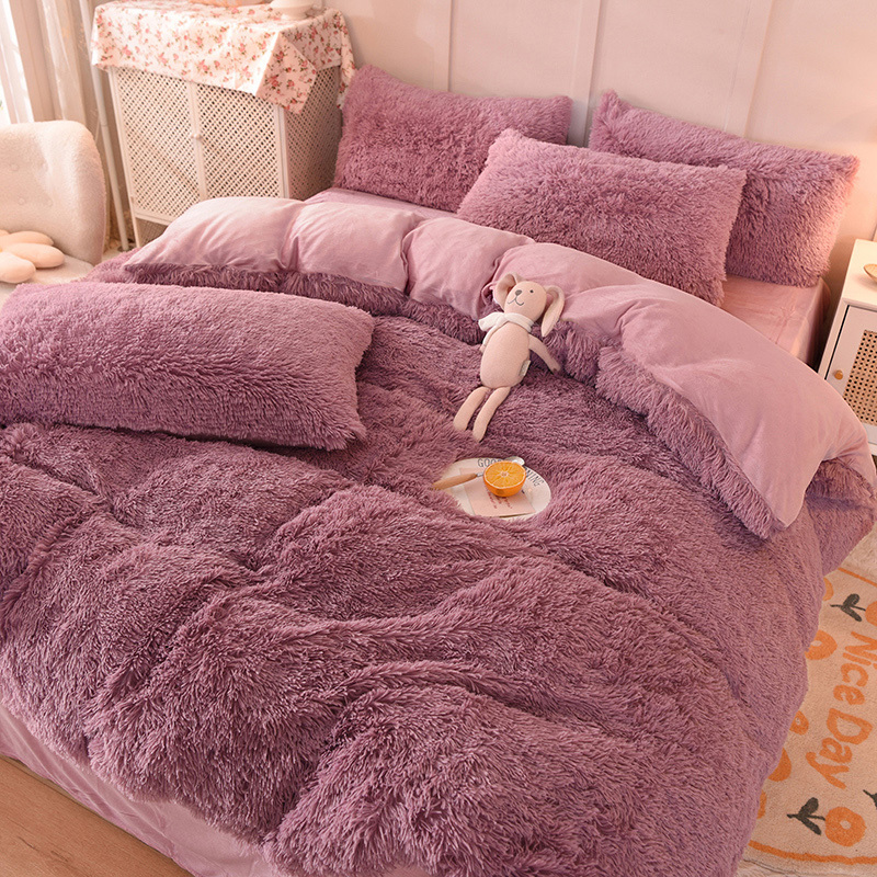 4pcs thick flannel fleece velvet duvet cover soft purple  queen king size winter bedding set  for home