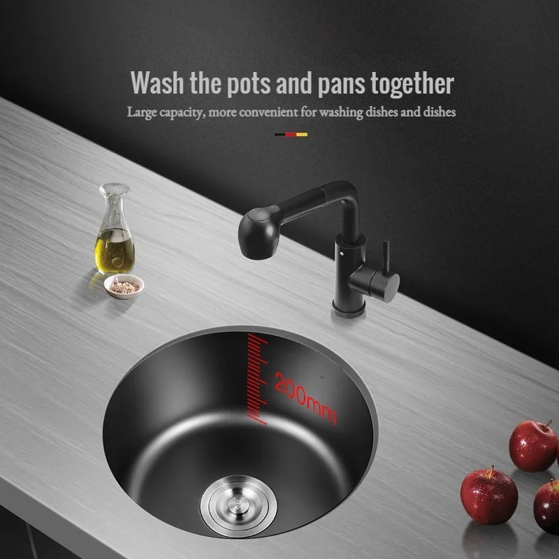 Nano Stainless Steel Kitchen Sink Round Bar Mini Small Number Round Sink Undermount Embedded Single Sink 42 CM Black