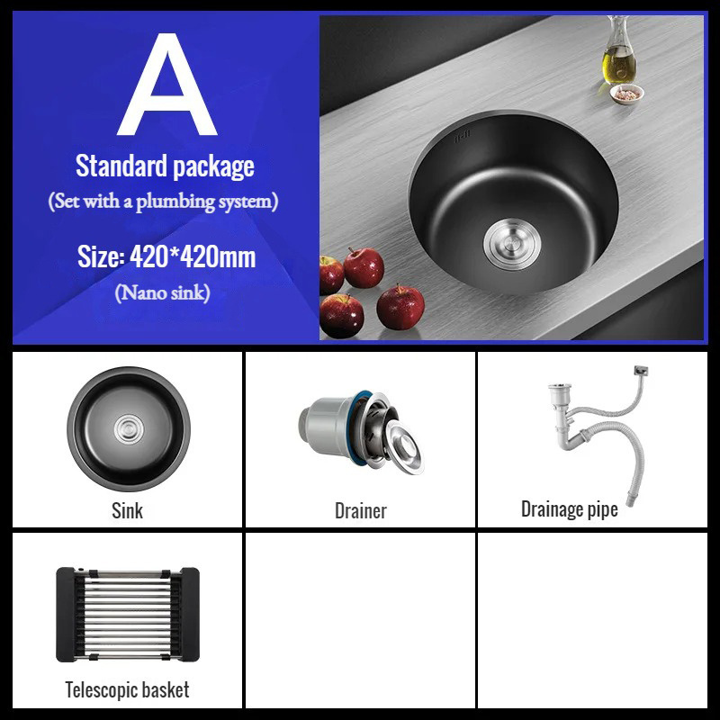 Nano Stainless Steel Kitchen Sink Round Bar Mini Small Number Round Sink Undermount Embedded Single Sink 42 CM Black