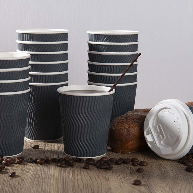 100 ml 110 130ml 10oz 12 oz Coffee Embossed Black Ripple Cups White Disposable Paper Cup With Lid