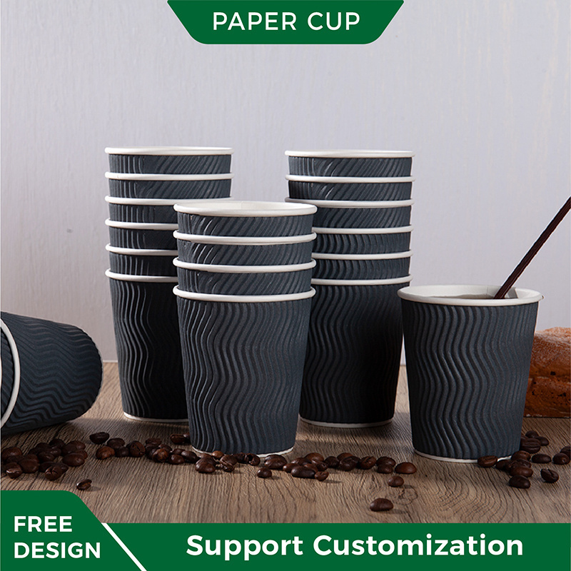 100 ml 110 130ml 10oz 12 oz Coffee Embossed Black Ripple Cups White Disposable Paper Cup With Lid