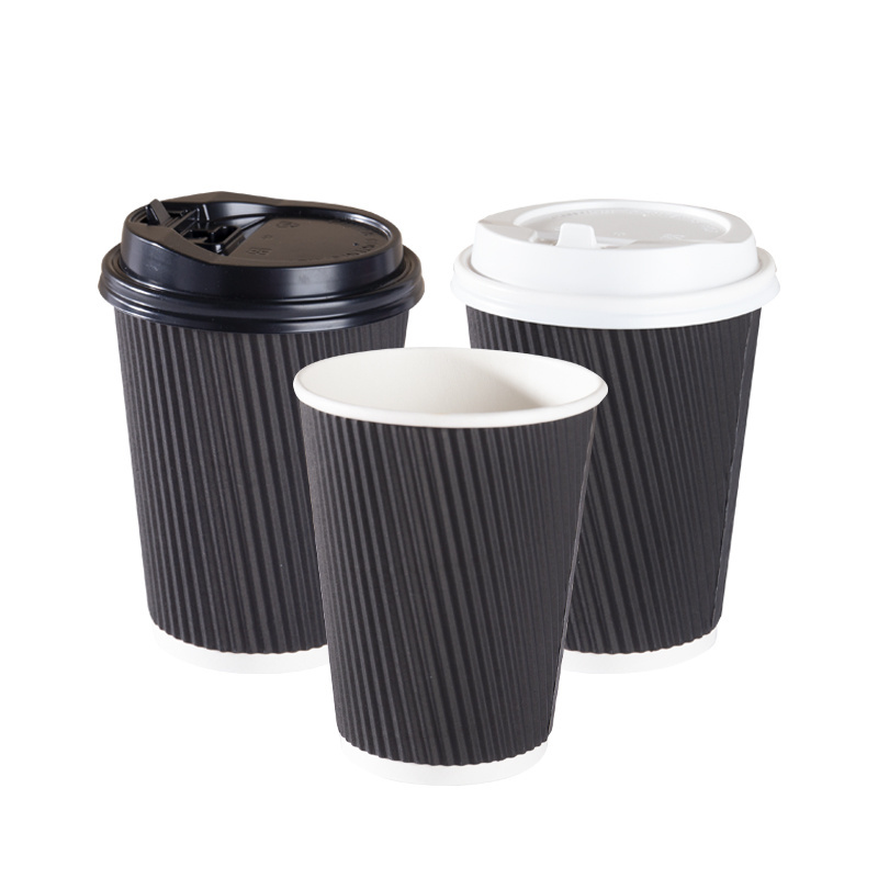 100 ml 110 130ml 10oz 12 oz Coffee Embossed Black Ripple Cups White Disposable Paper Cup With Lid