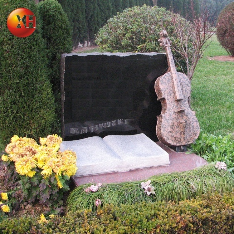 Cemetery Funeral Book Style Natural Black Marble Stone Art Tombstone Grey Granite Headstone And Cello Book Violin Carving Design