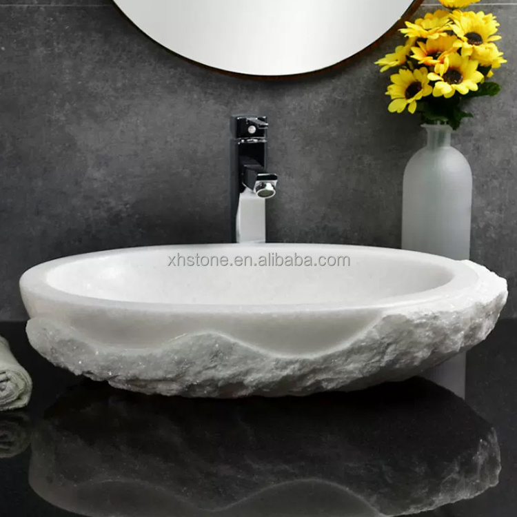 Bathroom Use Natural White Marble Stone Carving Polished Water Basin Wash Sink Counter Top Trough