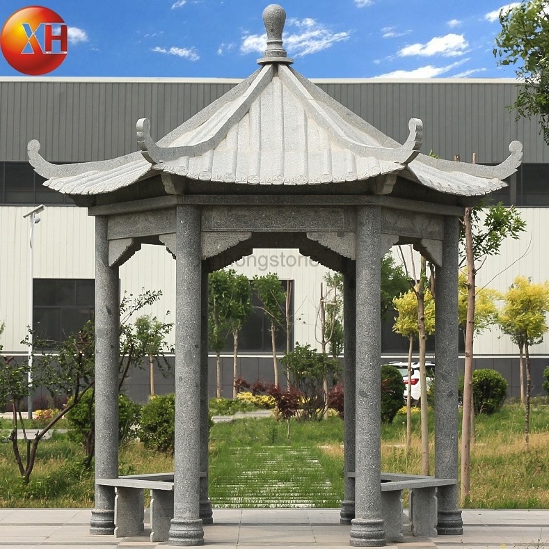 Outdoor Chinese Style Hand Carved Granite Stone Hexagonal Pavilion For Garden And Park Summerhouse Gazebo Sale