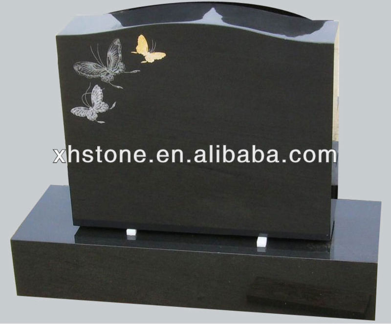 European Style Upright Headstones Hand Etching Butterfly Black Granite Gravestone