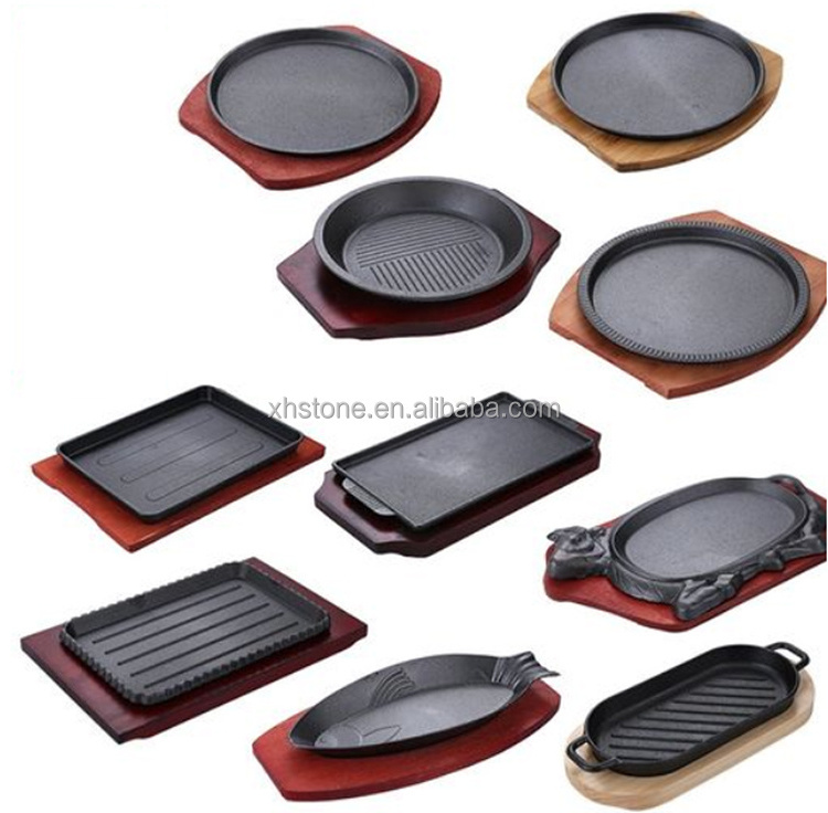 Rectangle Black Cast Iron Sizzling Steak Wood Plate Cooking Keep Hot Bowls Set Steakhouse Food Tableware Set