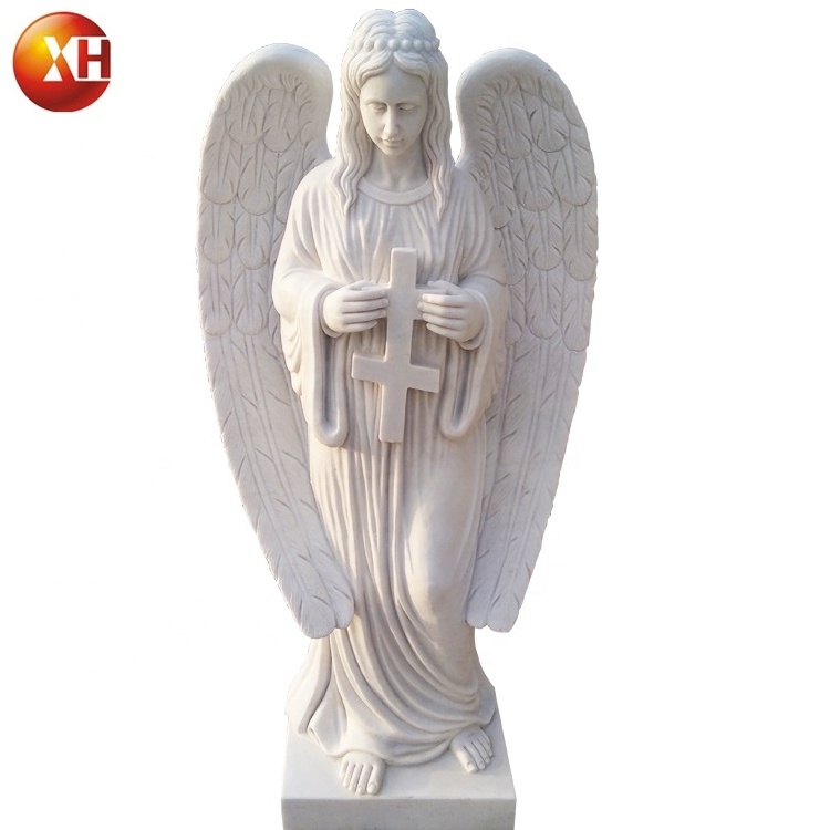 Hand Carved Natural Marble Stone Monument &White Marble Angel Gravestone European Style Angel Cross Cemetery Headstone