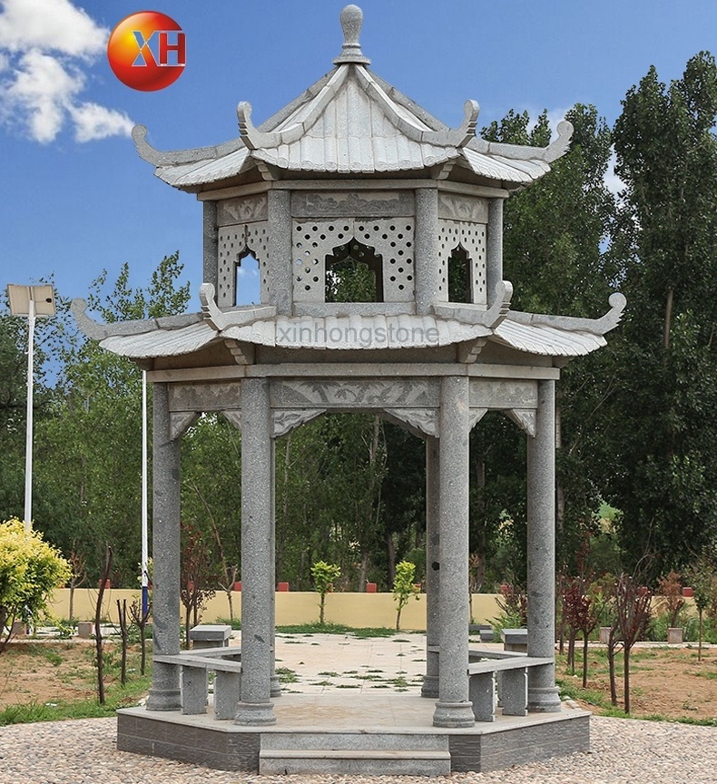 Outdoor Chinese Style Hand Carved Granite Stone Hexagonal Pavilion For Garden And Park Summerhouse Gazebo Sale