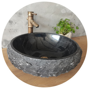 European Style Rough Black Marble Stone Bathroom Countertop Wash Basins Round Sinks For Sale