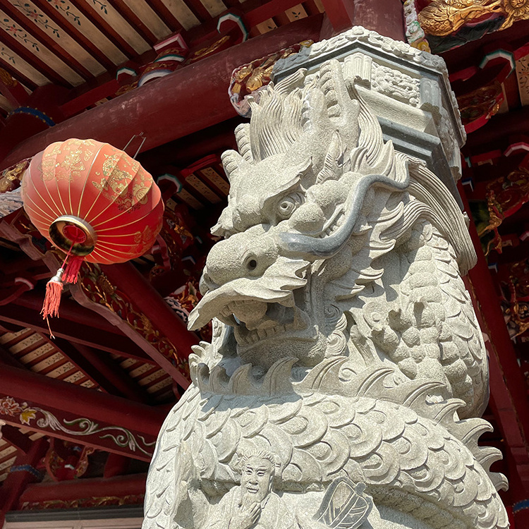 Large Animal Carving Statue Stone Dragon Pillar Column Wears Away the Stone Dragon Statue for Temple Gate Decoration