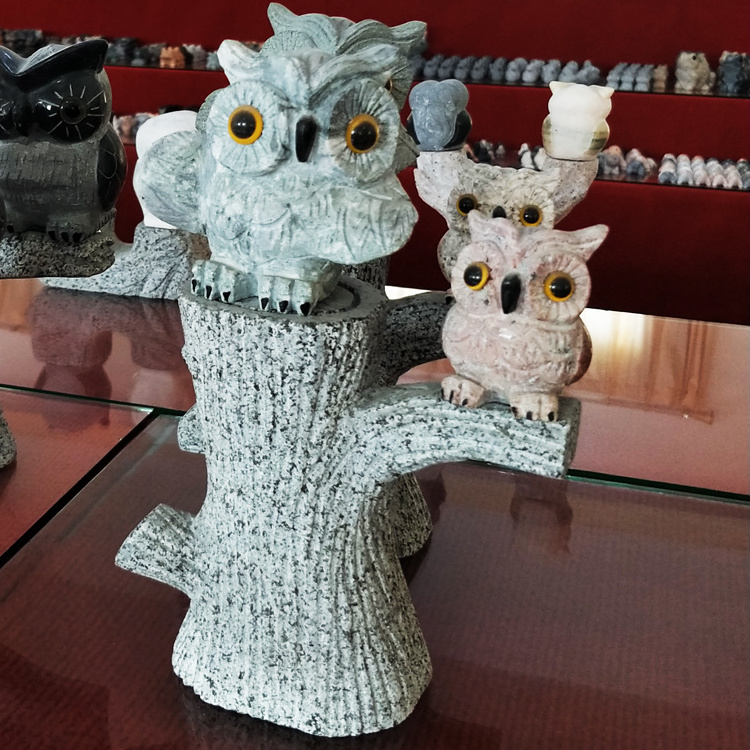 Table Ornaments Crafts White Marble Stone Carving Little Tree Stump Owl Small Bird Animal Sculpture Decoration