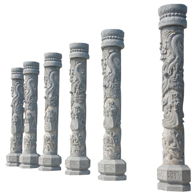 Factory Existing Hand Made High Quality Granite Stone Culture Column With Dragon Relief For Sale