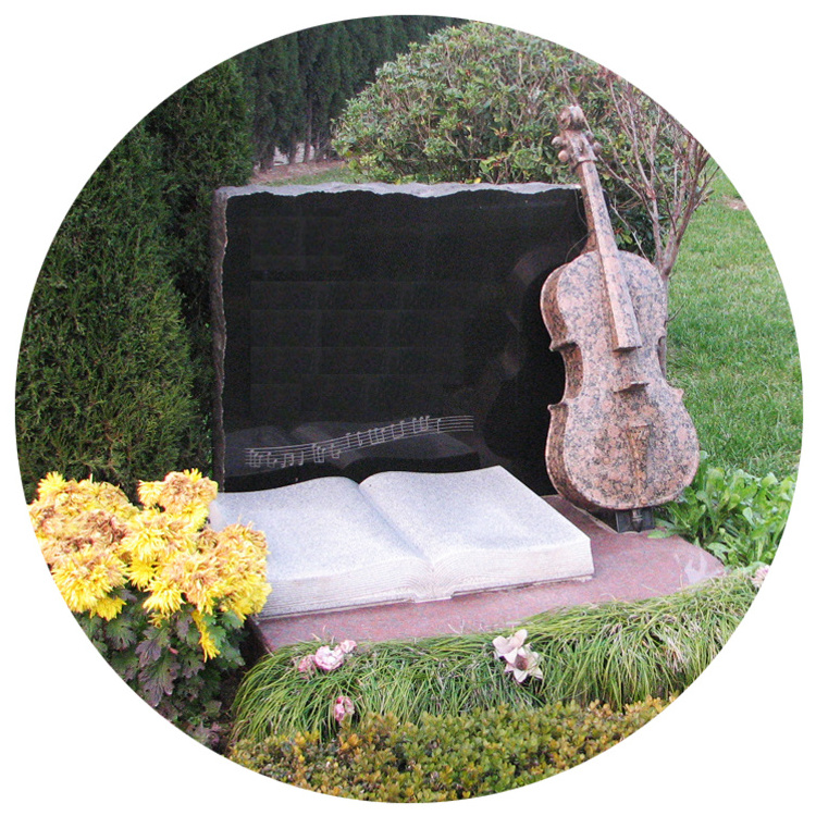 Cemetery Funeral Book Style Natural Black Marble Stone Art Tombstone Grey Granite Headstone And Cello Book Violin Carving Design