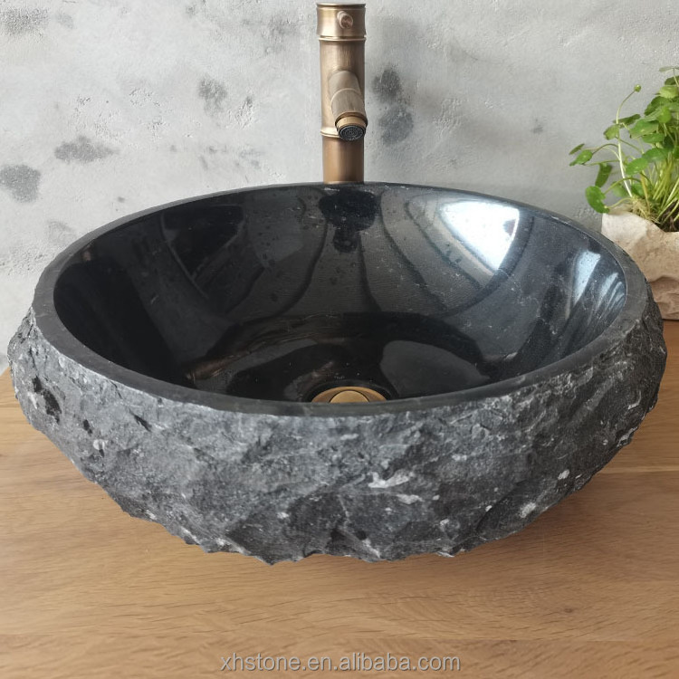 European Style Rough Black Marble Stone Bathroom Countertop Wash Basins Round Sinks For Sale