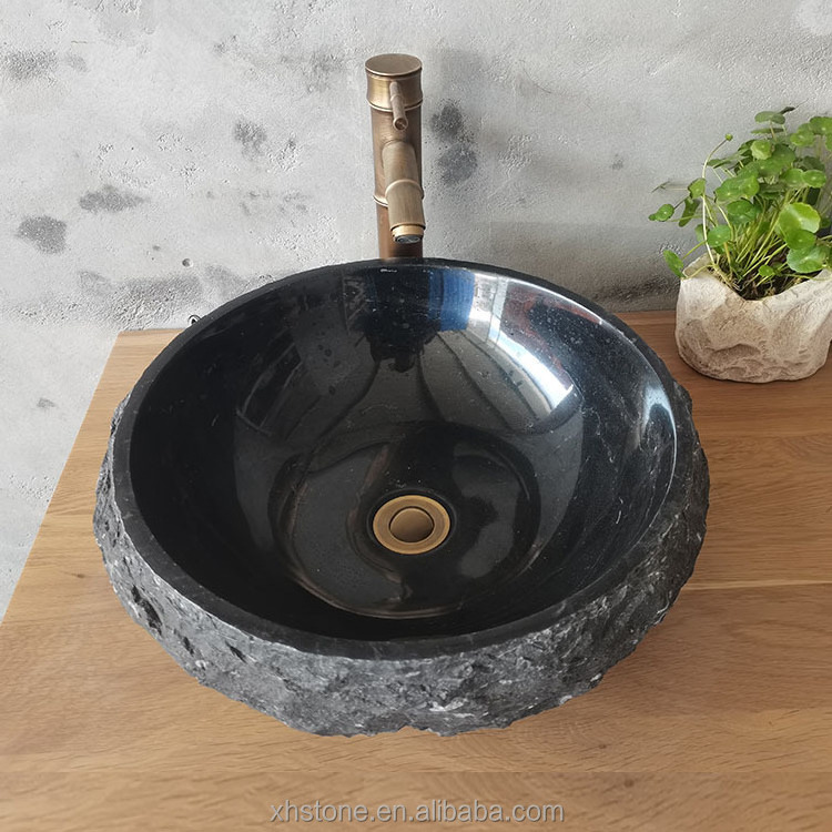 European Style Rough Black Marble Stone Bathroom Countertop Wash Basins Round Sinks For Sale