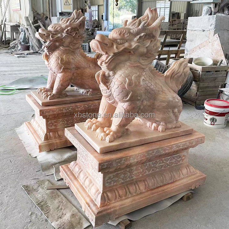 Chinese Hot Sale Outdoor Red Marble Stone Carved Large Fengshui Kirin Statue And Qi Lin Sculpture For Sale