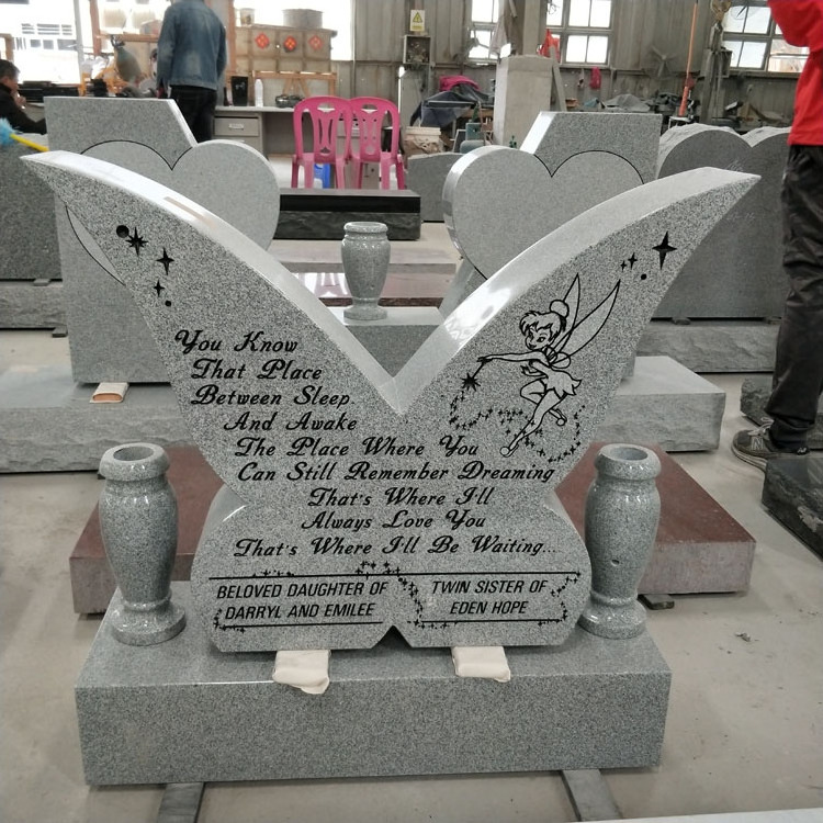 Antique European Western Cemetery Gravestones Natural Granite Stone Carved American Style Butterfly Baby Tombstone Headstone