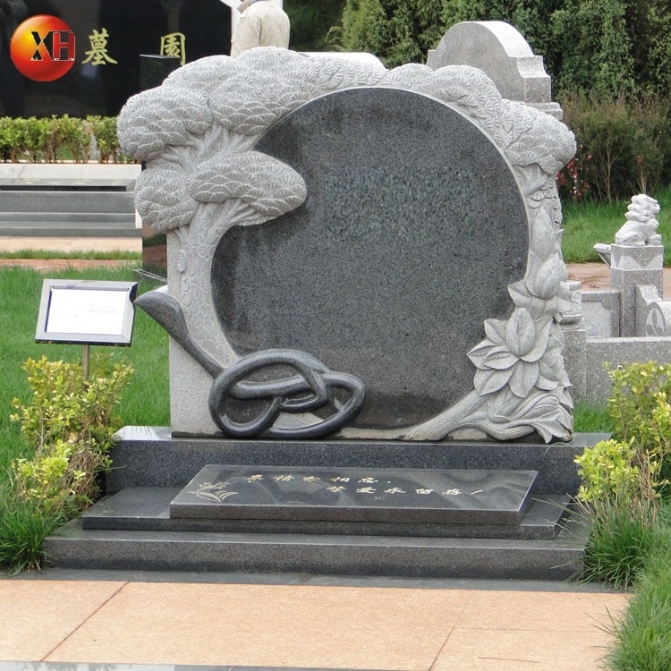 Cemetery Funeral New Style Natural Tombstone Gravestone Grey Granite Stone Headstone With Pine Tree Carving Design For Sale