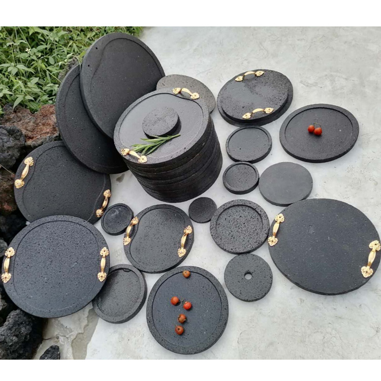 Natural Volcanic Rock Lava Stone Circular Steak Barbecue Plate And BBQ Fire Cooking Range On Outdoor Cookware Stone Food Slate