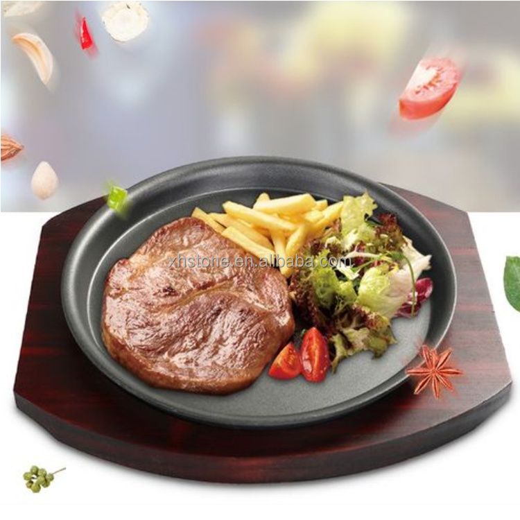 Rectangle Black Cast Iron Sizzling Steak Wood Plate Cooking Keep Hot Bowls Set Steakhouse Food Tableware Set