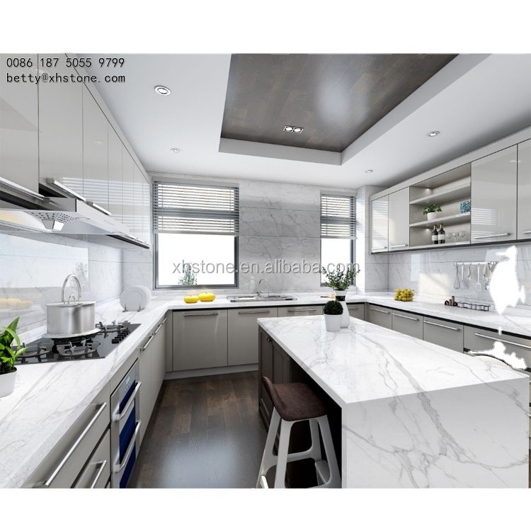 Man-Made Western Italian Style Kitchen Quartz Carrara White Marble Stone Table Top And High Polished Stone Countertops Design