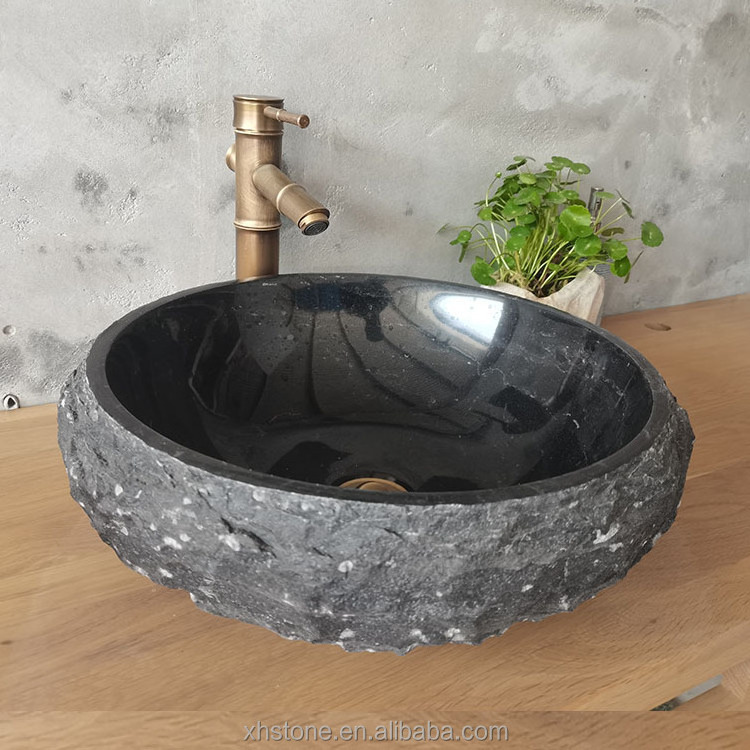 European Style Rough Black Marble Stone Bathroom Countertop Wash Basins Round Sinks For Sale