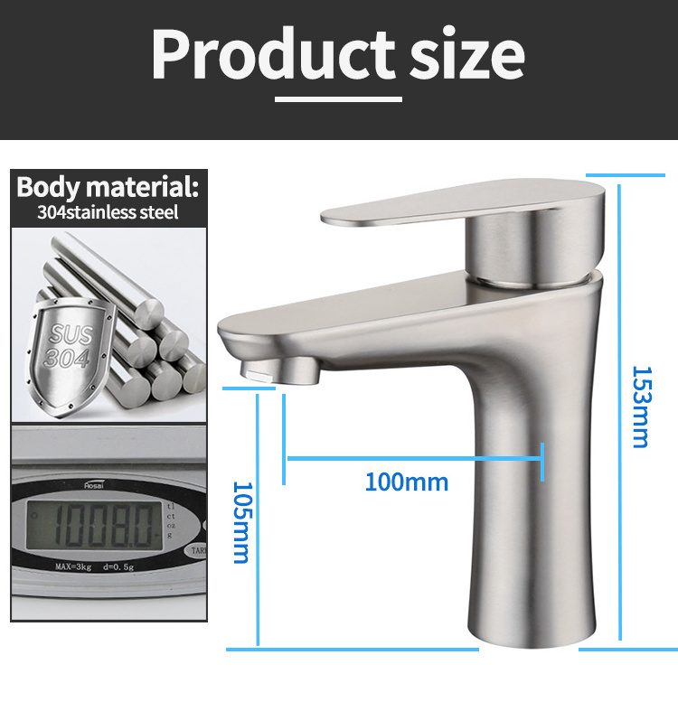 304 Stainless Steel Bathroom Sink Faucet Brushed Single Handle Bathroom Faucet Basin Faucet