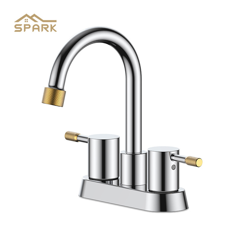 New Design Chrome 2 Lever Basin Mixer Faucet Deck Mounted 4