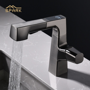 Hydropower temperature display White single handle lavatory bathroom tap water saving wash basin pull-out faucet for bathroom