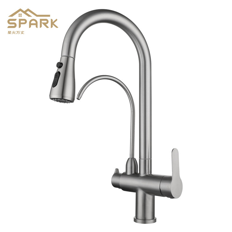 Single Hole Double Handle Kitchen Faucet 304 Stainless Steel Brushed Nickel Double Outlet Kitchen Sink Faucet