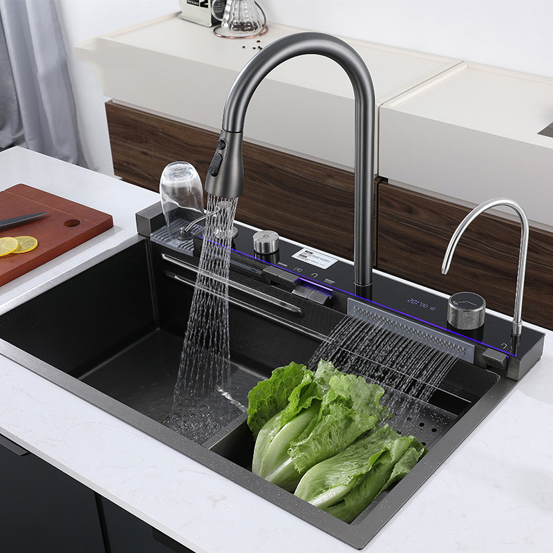 Hot sale black temperature display smart faucet pull down sprayer waterfall kitchen sink faucets