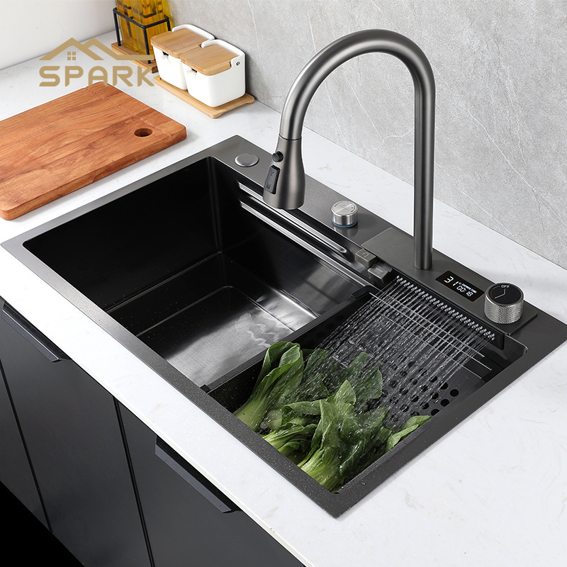 Modern Stainless Steel Waterfall Sink Kitchen Digital Display Kitchen Sink Waterfall Faucets