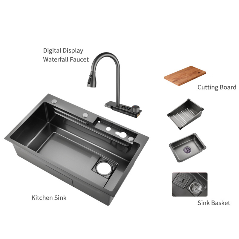 Modern Stainless Steel Waterfall Sink Kitchen Digital Display Kitchen Sink Waterfall Faucets