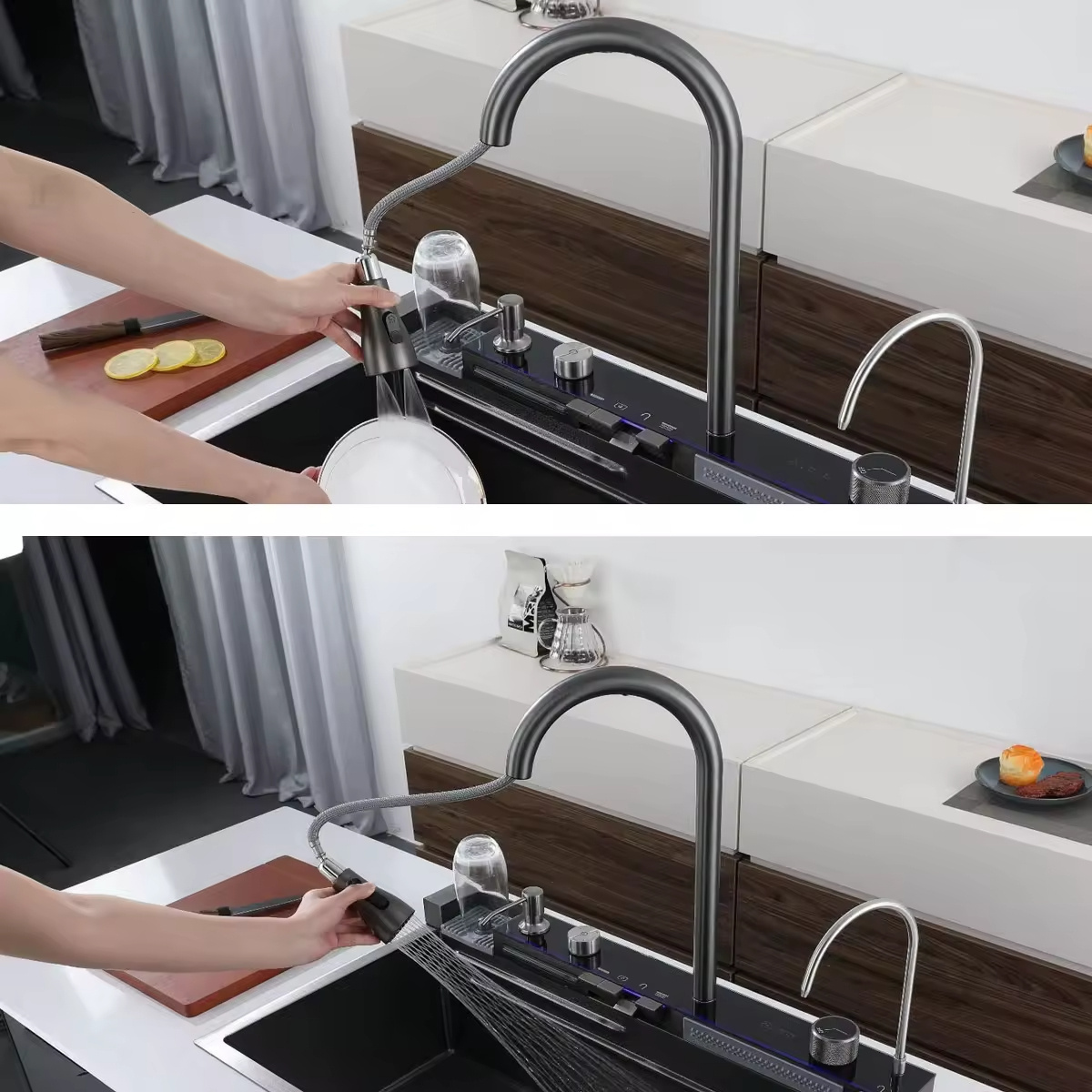 Hot sale black temperature display smart faucet pull down sprayer waterfall kitchen sink faucets