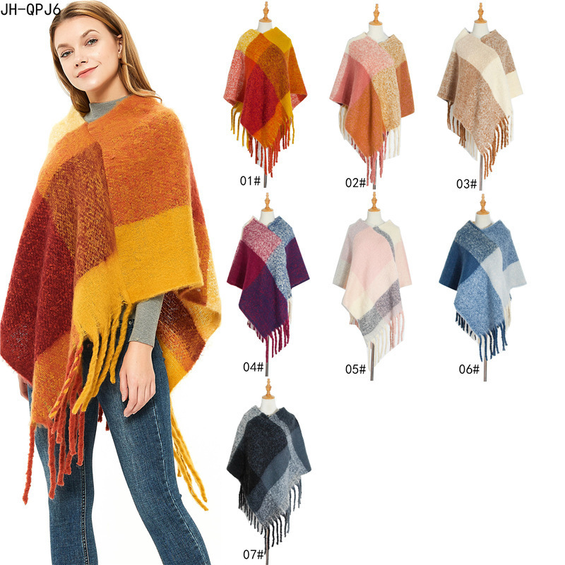 wholesale oversize fashion acrylic capes Orange woven plaid warm shawls poncho with tassels for women