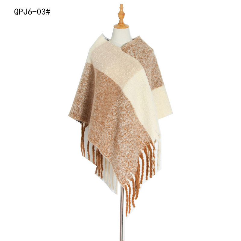 wholesale oversize fashion acrylic capes Orange woven plaid warm shawls poncho with tassels for women