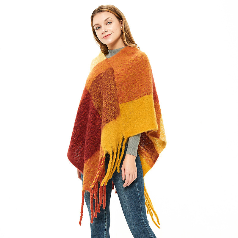 wholesale oversize fashion acrylic capes Orange woven plaid warm shawls poncho with tassels for women