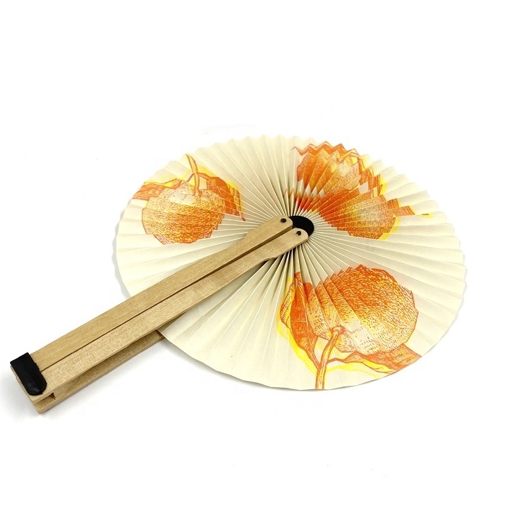 2022 Brand Promotion Gift Custom  Print Round Hand Held Fan Paper Foldable Wood Hand Fan