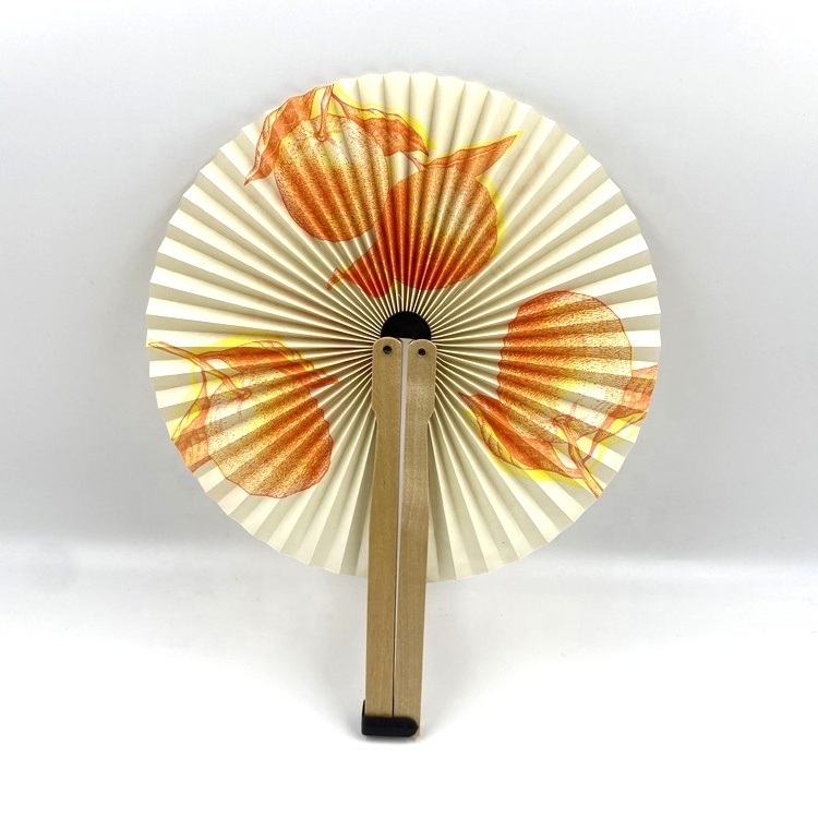 2022 Brand Promotion Gift Custom  Print Round Hand Held Fan Paper Foldable Wood Hand Fan