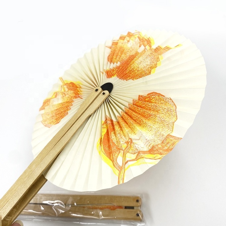 2022 Brand Promotion Gift Custom  Print Round Hand Held Fan Paper Foldable Wood Hand Fan